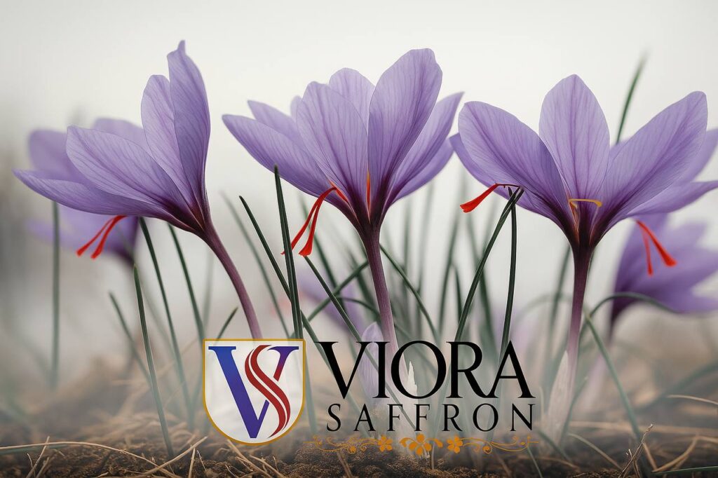 About Viora Saffron – blooming saffron flowers with logo in the field